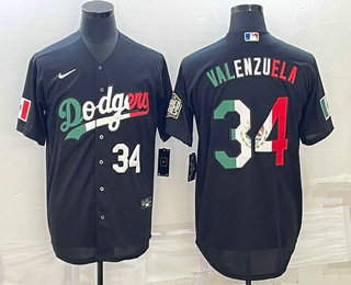 Men's Los Angeles Dodgers #34 Fernando Valenzuela Number Mexico Black Cool Base Stitched Baseball Jersey